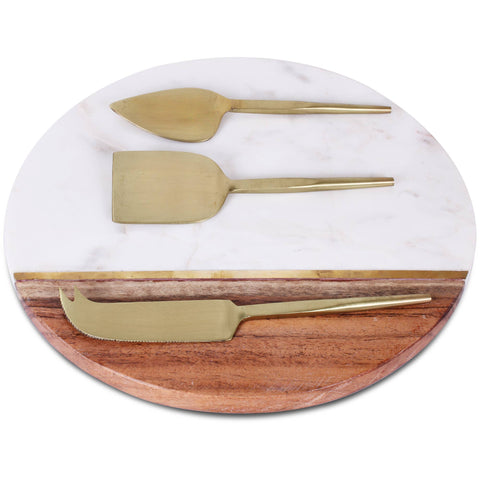 Half Marble Half Wood Cheeseboard with Cutlery Set