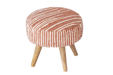 Terracotta Handwoven Striped Stool with Wood Legs